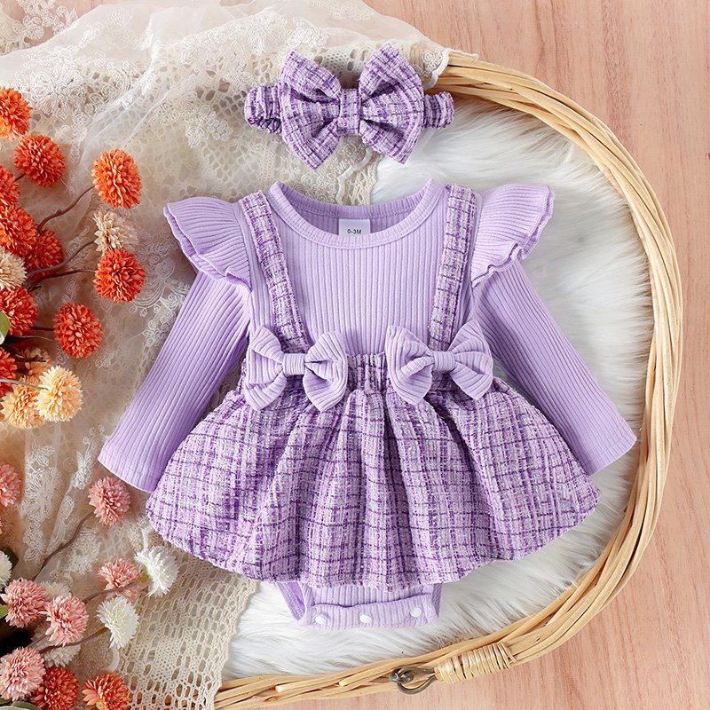 New Baby Long Sleeve Romper Cotton Clothes Plaid Skirt Romper Infant Baby Girls Fall Clothing with Headband