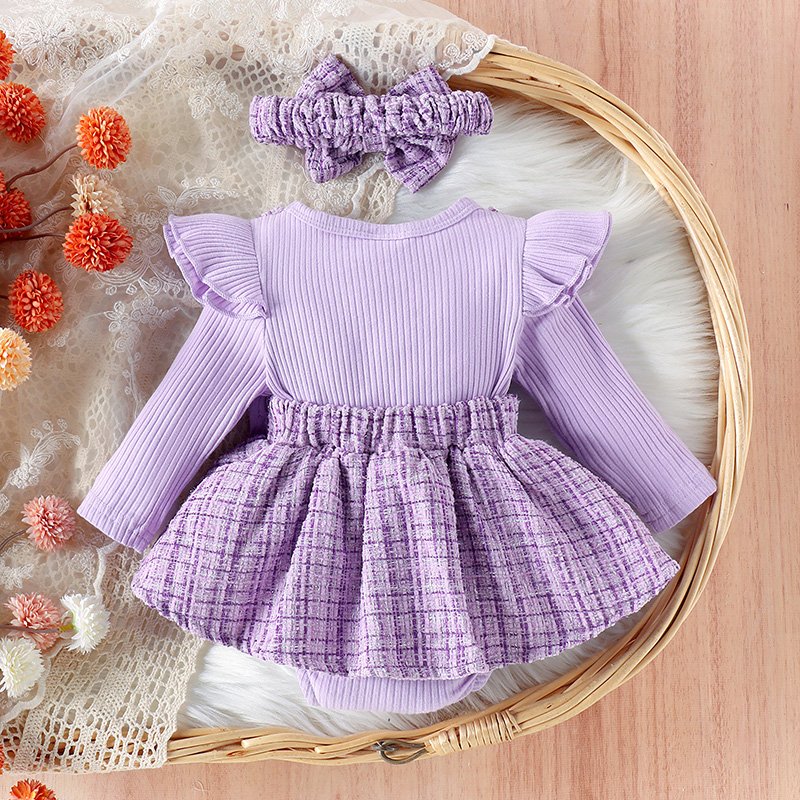 New Baby Long Sleeve Romper Cotton Clothes Plaid Skirt Romper Infant Baby Girls Fall Clothing with Headband