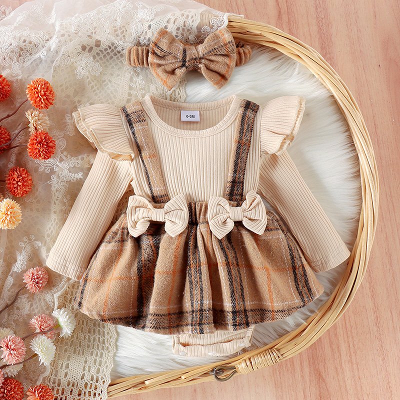 New Baby Long Sleeve Romper Cotton Clothes Plaid Skirt Romper Infant Baby Girls Fall Clothing with Headband