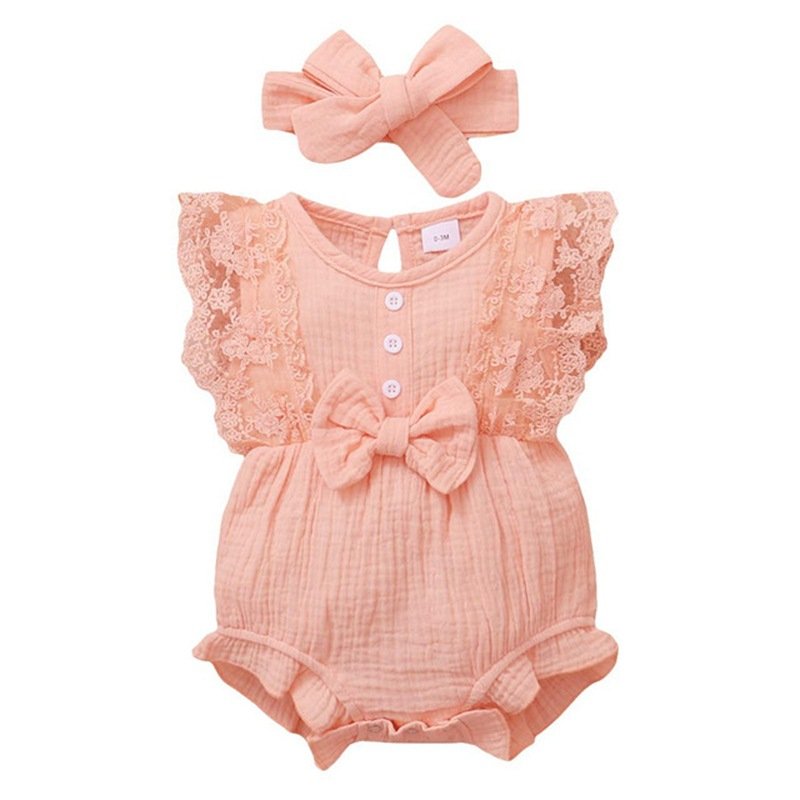 High quality Baby Rompers Floral Ruffle Short Sleeve Baby Girls' Rompers Headband Baby Clothes