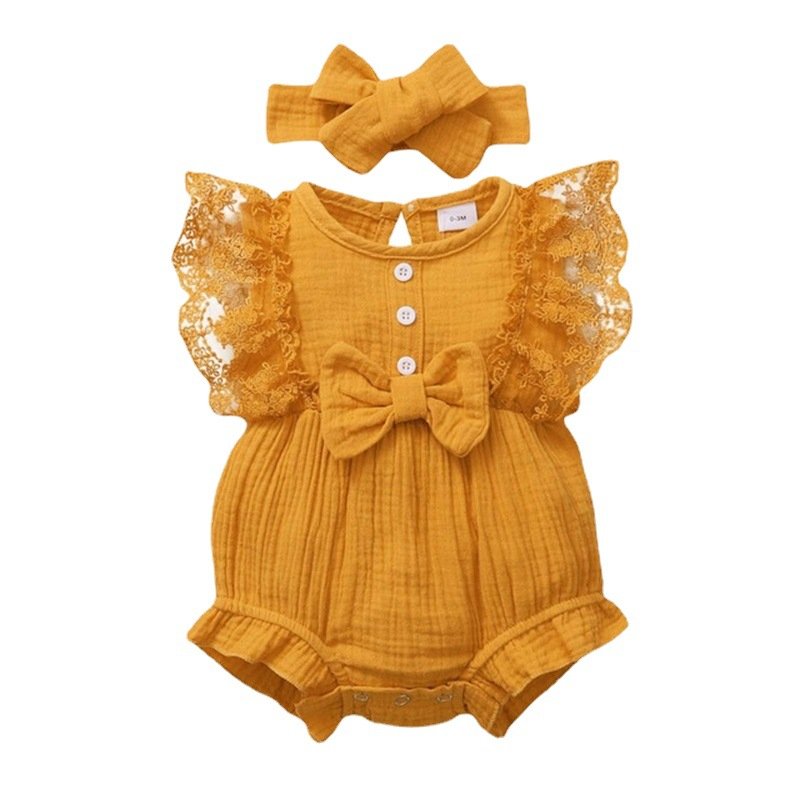 High quality Baby Rompers Floral Ruffle Short Sleeve Baby Girls' Rompers Headband Baby Clothes