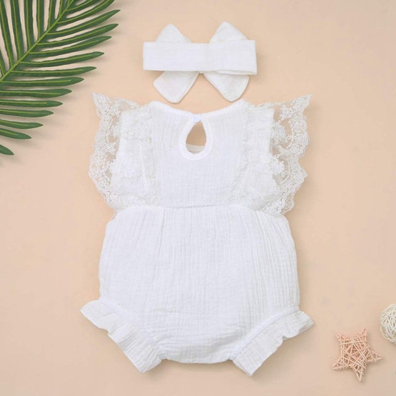 High quality Baby Rompers Floral Ruffle Short Sleeve Baby Girls' Rompers Headband Baby Clothes