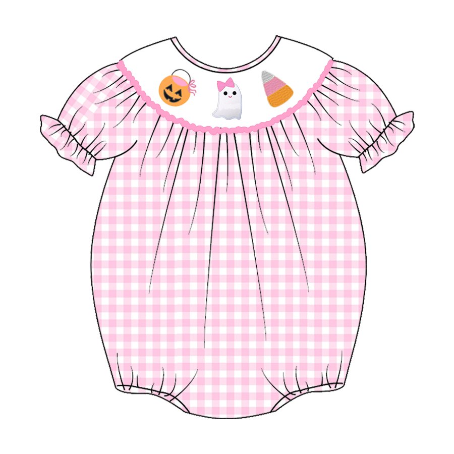 Infant Baby Girls Fall Halloween Pink Plaid Smocked Pumpkin Ghost Embroidery Romper Customized Kids Clothes Smocked Clothing