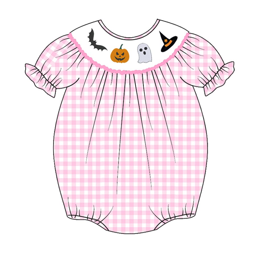 Infant Baby Girls Fall Halloween Pink Plaid Smocked Pumpkin Ghost Embroidery Romper Customized Kids Clothes Smocked Clothing