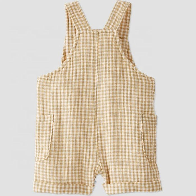 Baby Organic Cotton Gingham Shortall Infant Toddler Girls Baby Blank Muslim Button Jumpsuit