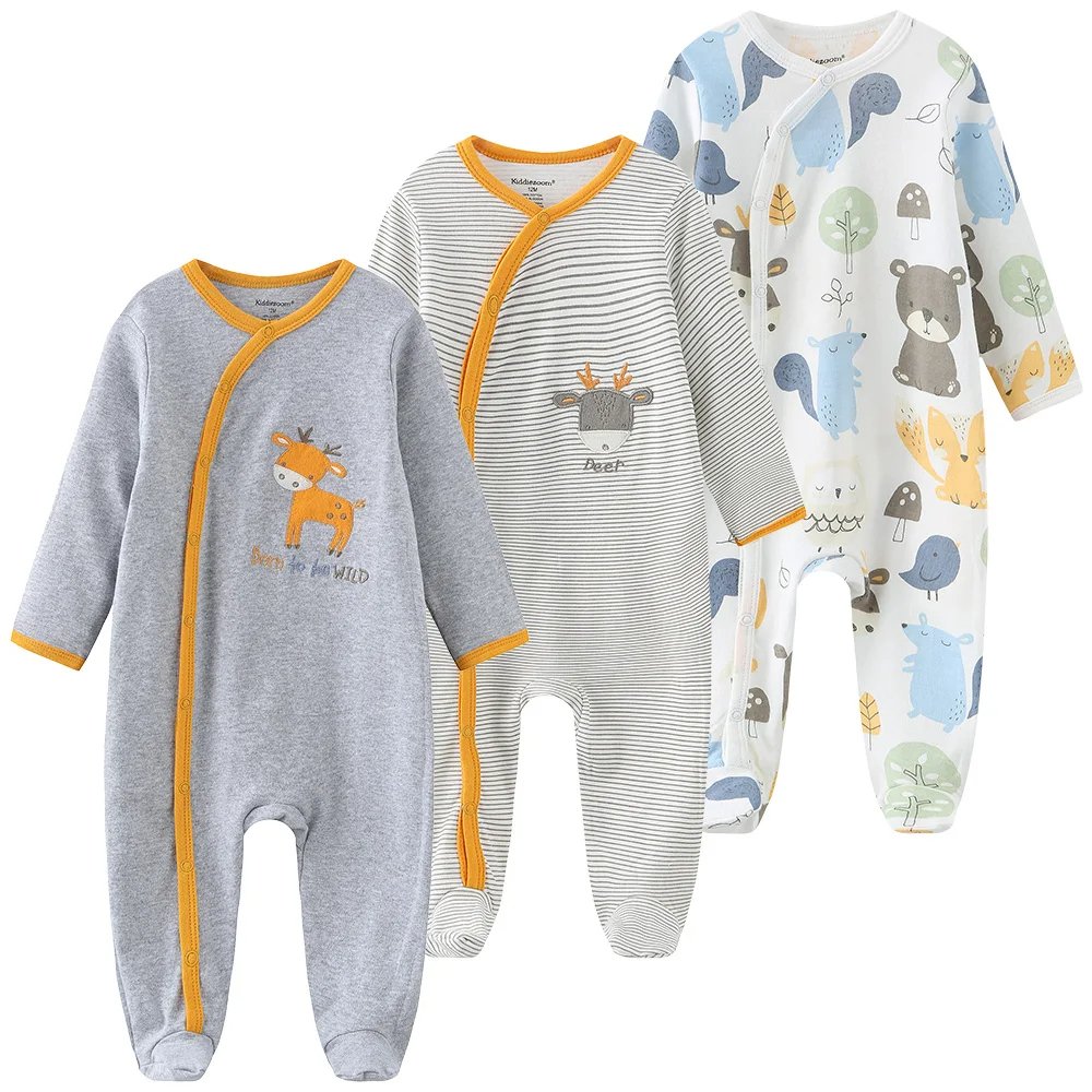 3pcs/Pack Baby Rompers With Mitten Baby Footie 100% Combed Cotton Infant Pajamas Customized Design Infant Clothes 0-12 Months