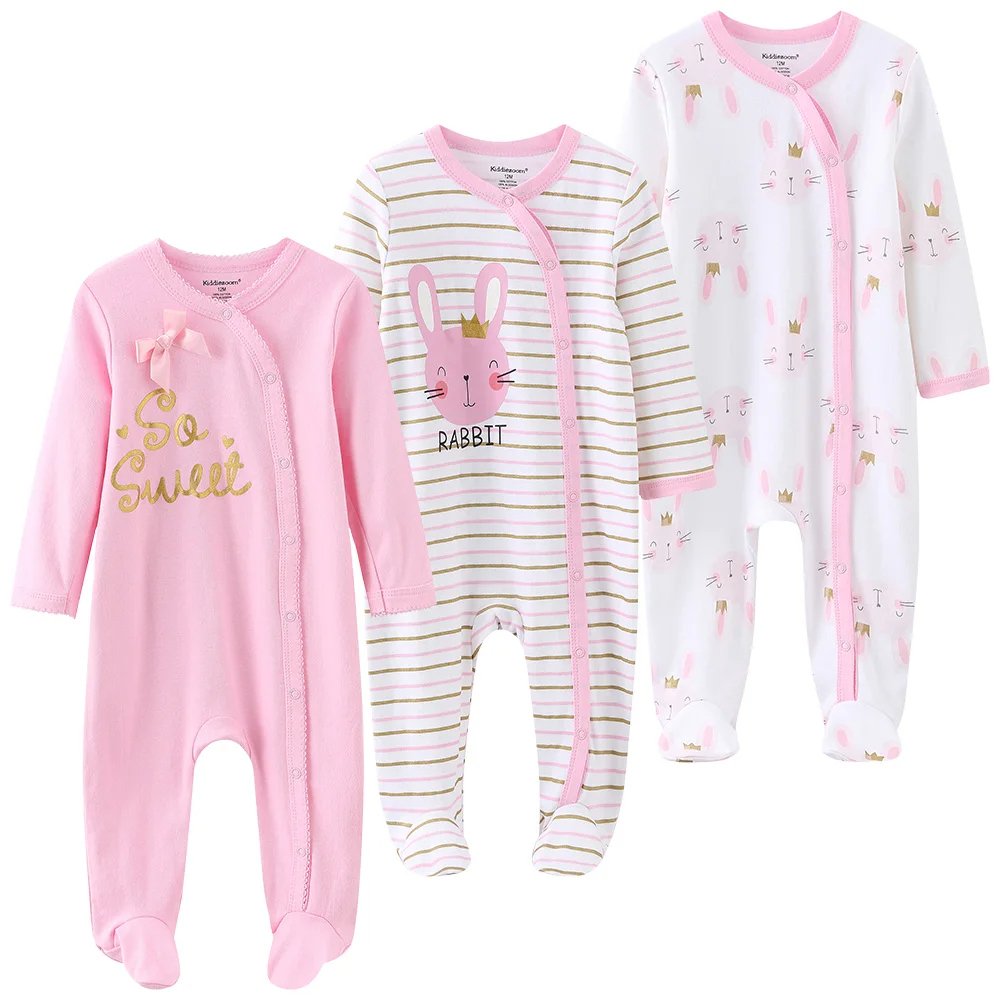 3pcs/Pack Baby Rompers With Mitten Baby Footie 100% Combed Cotton Infant Pajamas Customized Design Infant Clothes 0-12 Months