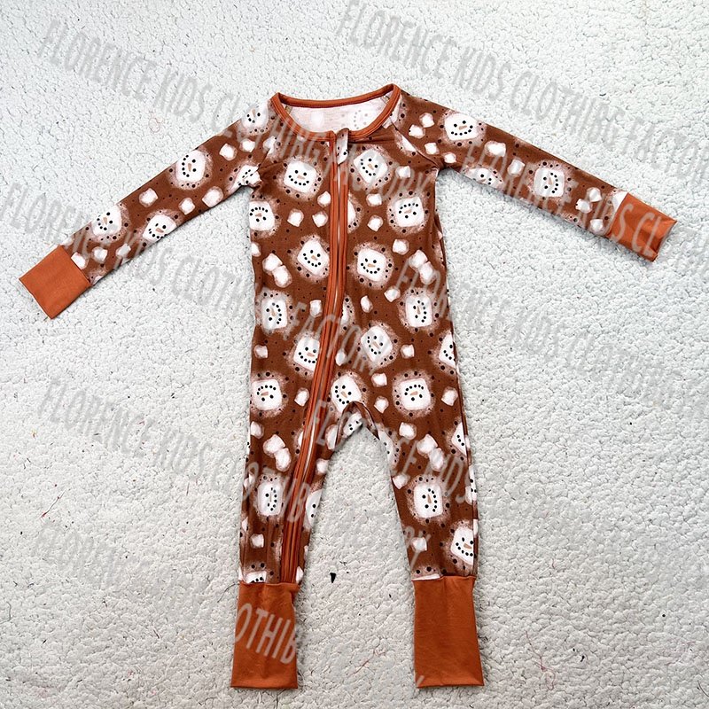 DH OEM soft bamboo print christmas infant toddler girls long sleeve zippy jumpsuit baby romper with zipper