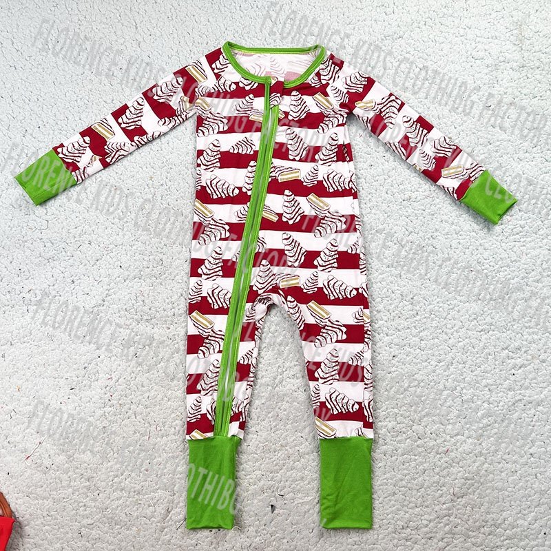DH OEM soft bamboo print christmas infant toddler girls long sleeve zippy jumpsuit baby romper with zipper