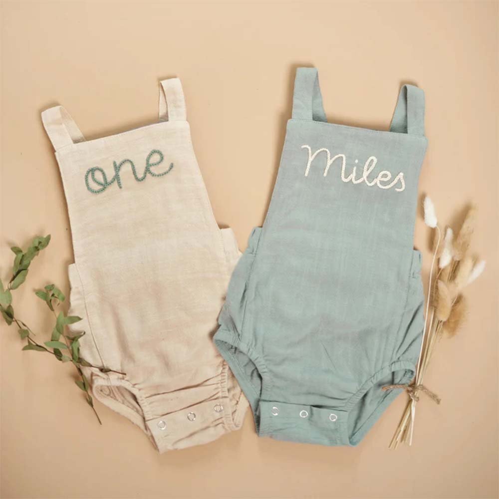 Personalised Baby Romper Pack Custom Solid Color Summer Cotton Linen Baby Rompers