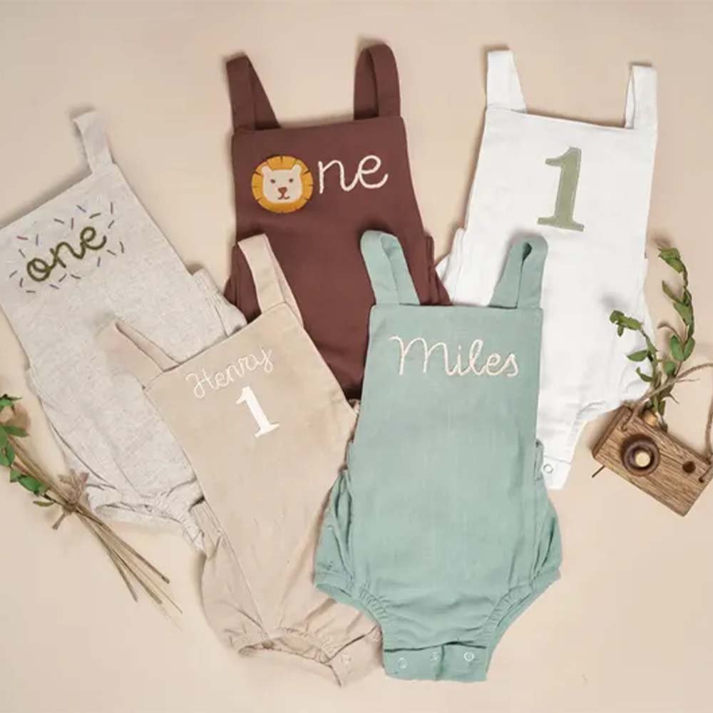 Personalised Baby Romper Pack Custom Solid Color Summer Cotton Linen Baby Rompers