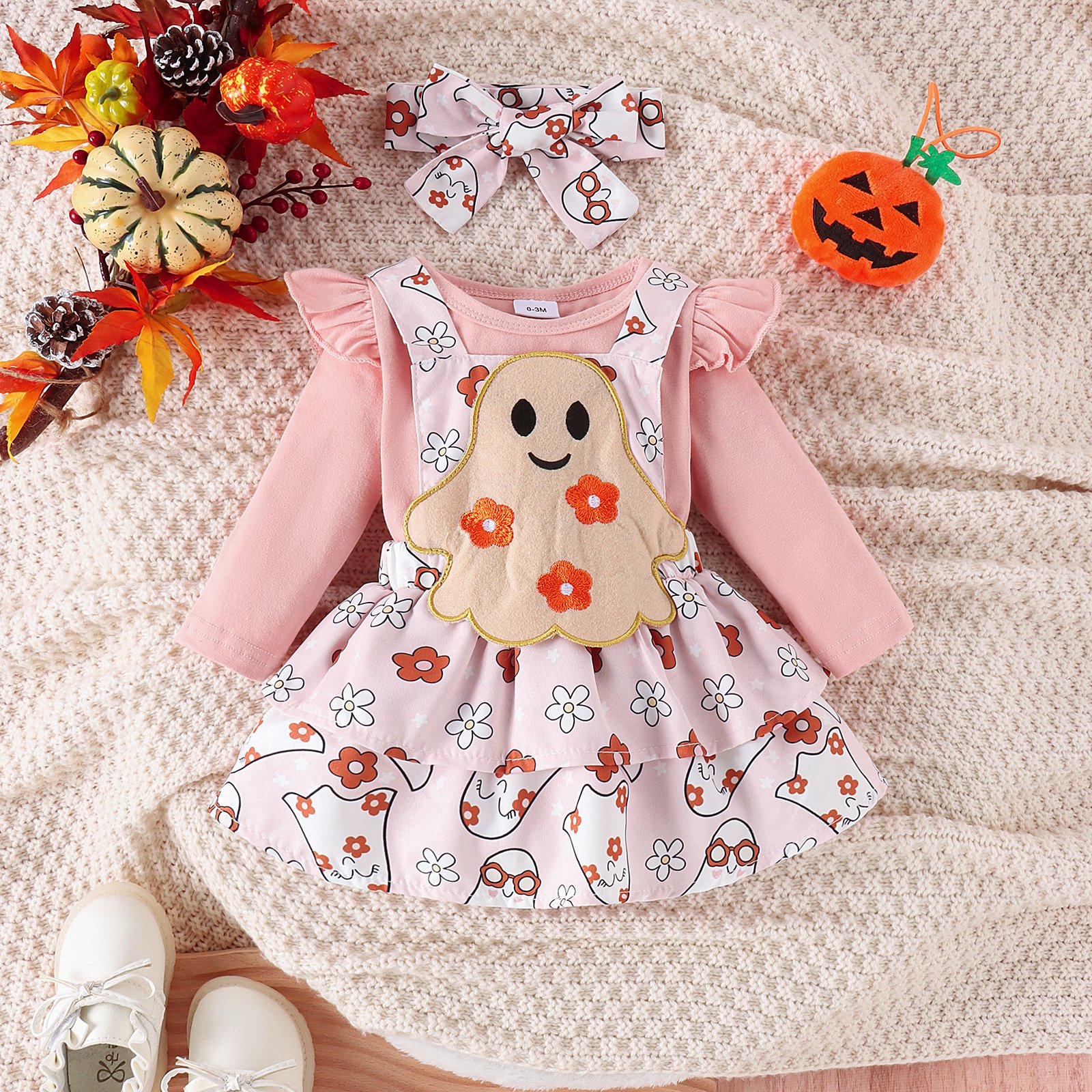 2024 Brand New Design Solid Long sleeve Baby romper + Cartoon dress with straps For Halloween
