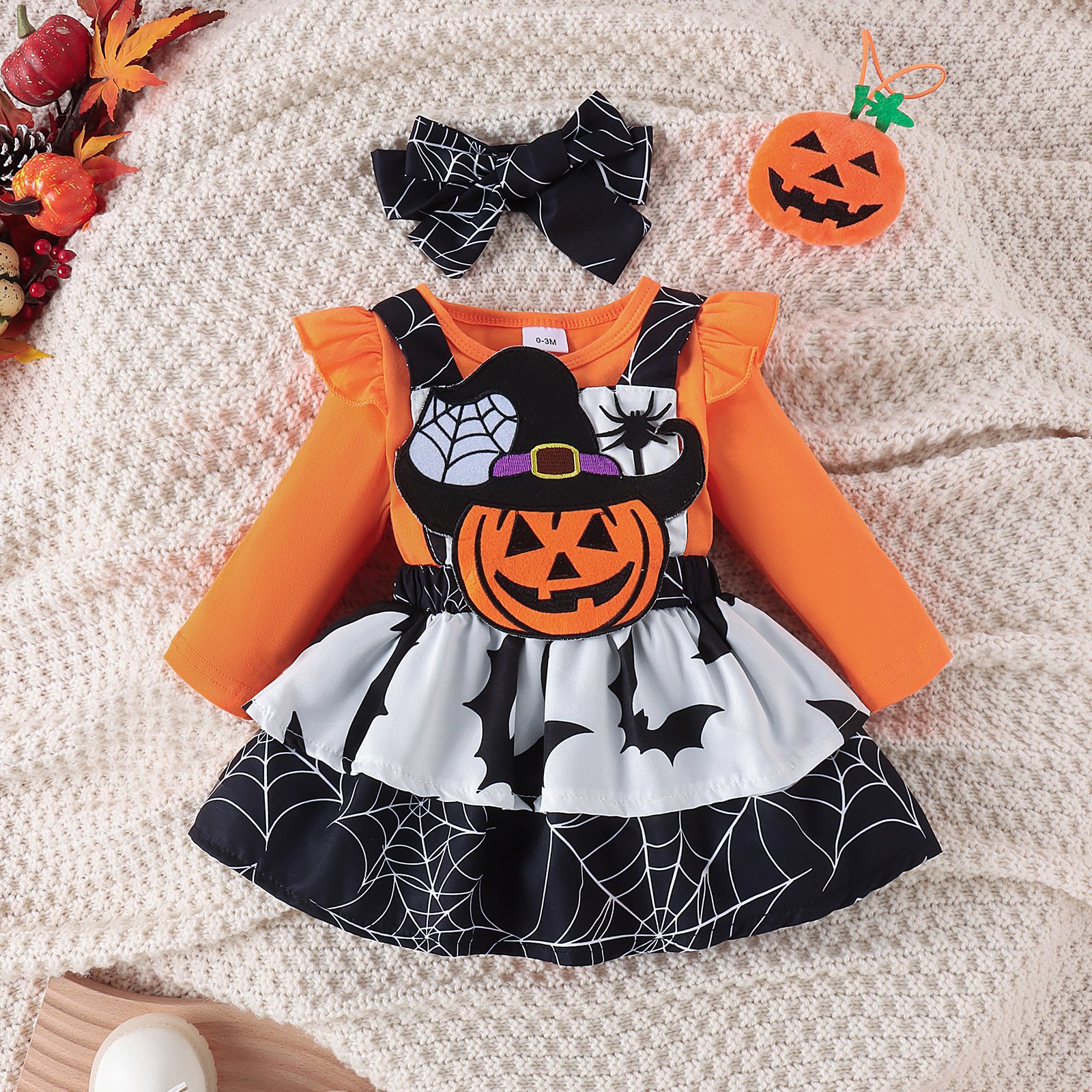 2024 Brand New Design Solid Long sleeve Baby romper + Cartoon dress with straps For Halloween