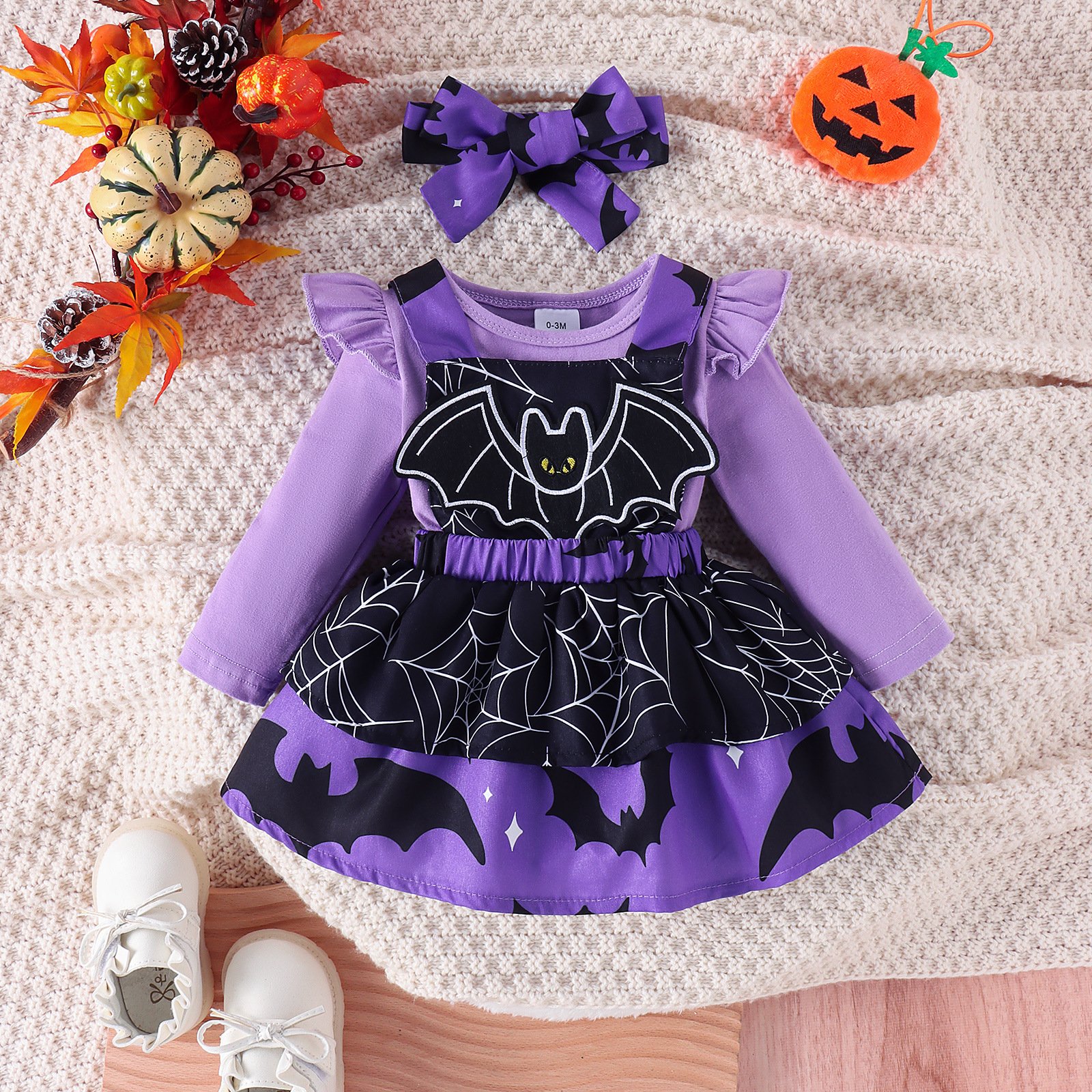 2024 Brand New Design Solid Long sleeve Baby romper + Cartoon dress with straps For Halloween