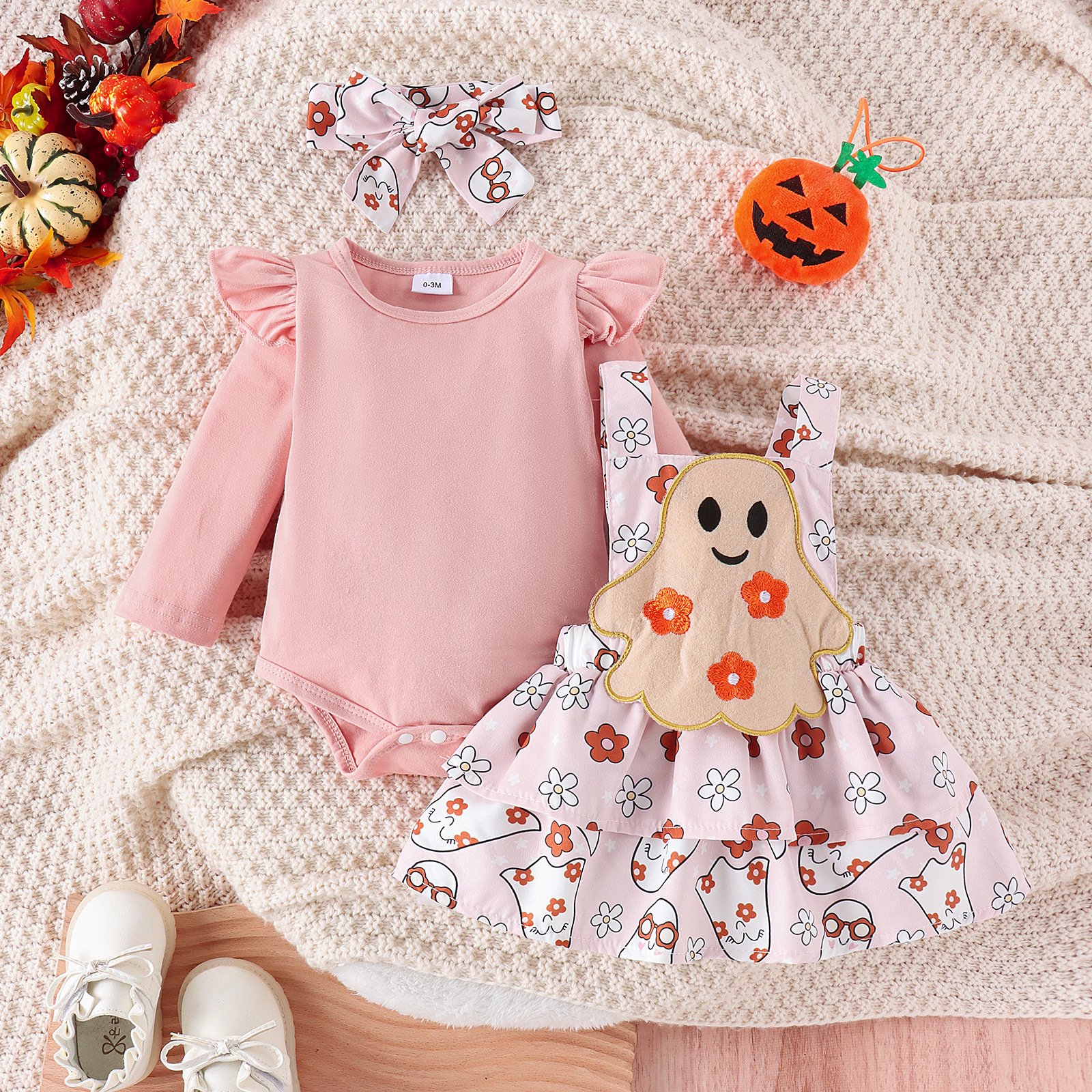 2024 Brand New Design Solid Long sleeve Baby romper + Cartoon dress with straps For Halloween