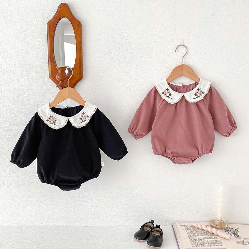 Wholesale Infant Toddler Clothing Girls Romper Long Sleeves Soft Cotton Embroidered Floral Turndown Collar Autumn ODM