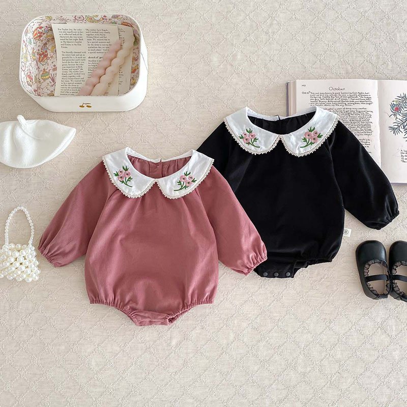 Wholesale Infant Toddler Clothing Girls Romper Long Sleeves Soft Cotton Embroidered Floral Turndown Collar Autumn ODM