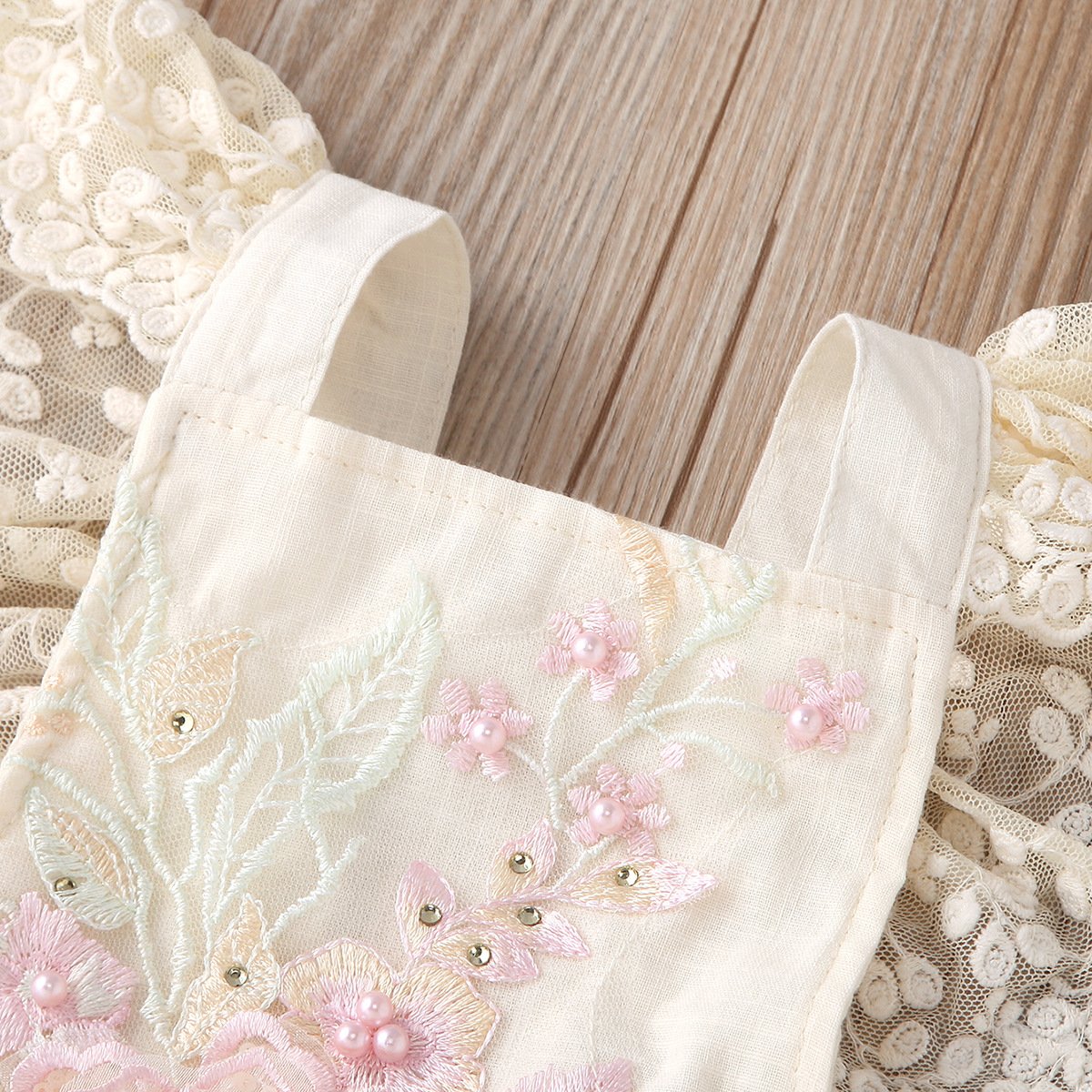 3144 summer baby girls embroidered flower romper princess pearl mesh jumpsuit for infant girls backless fly sleeve rompers