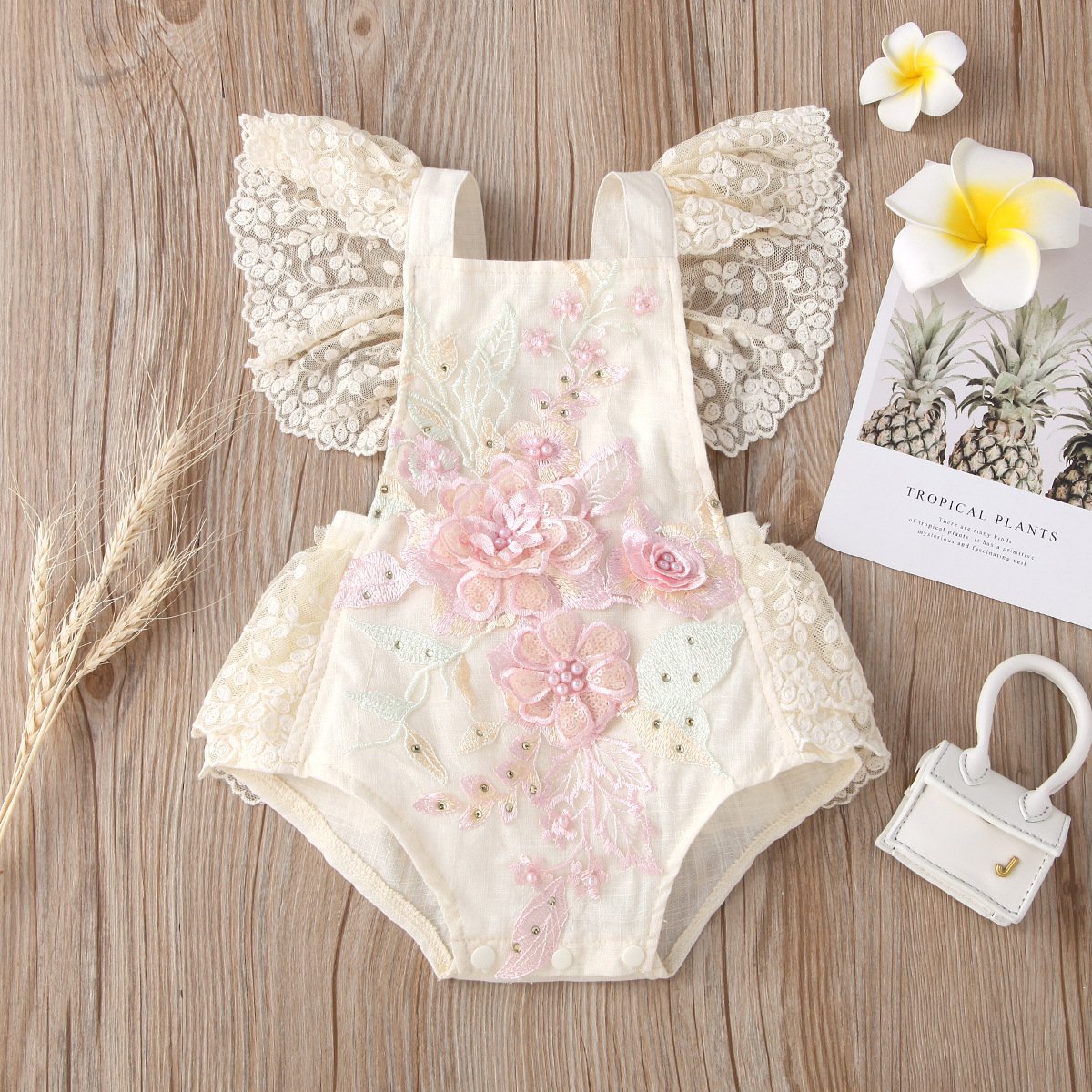 3144 summer baby girls embroidered flower romper princess pearl mesh jumpsuit for infant girls backless fly sleeve rompers
