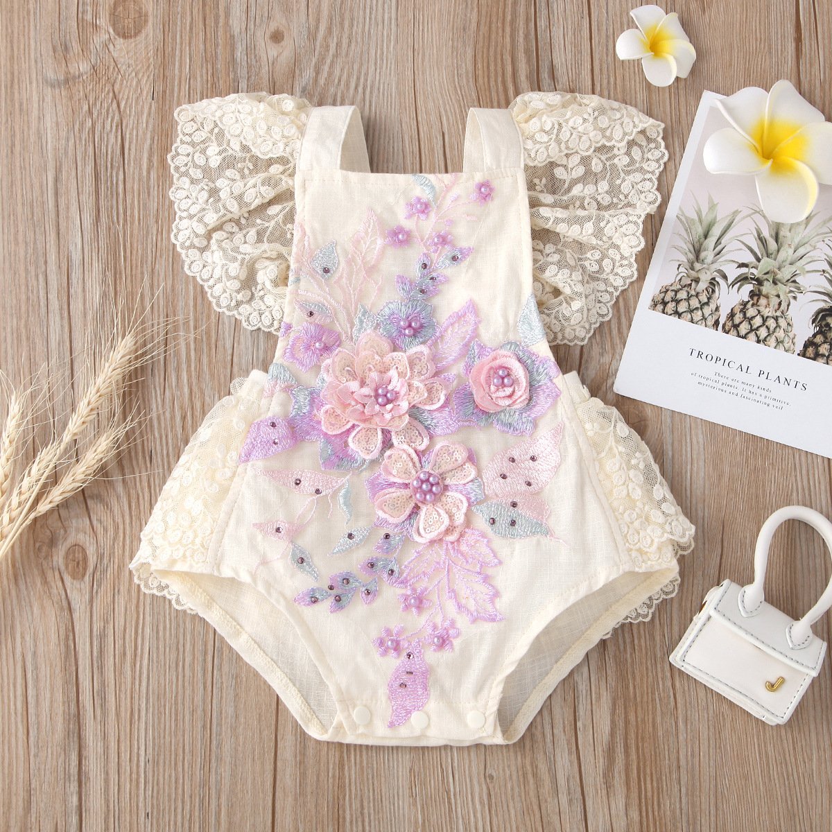 3144 summer baby girls embroidered flower romper princess pearl mesh jumpsuit for infant girls backless fly sleeve rompers