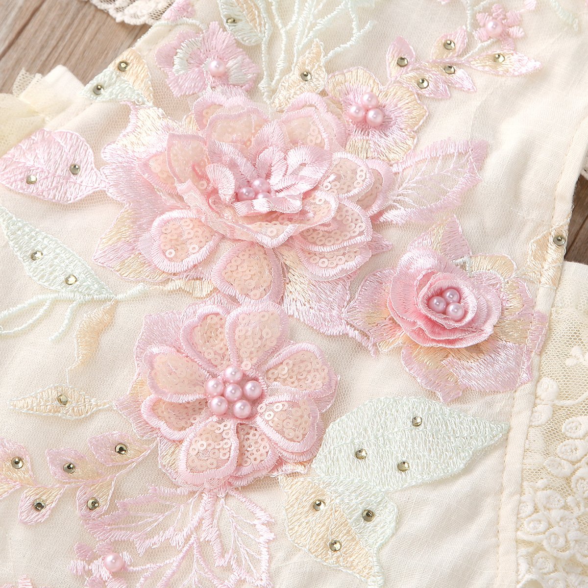 3144 summer baby girls embroidered flower romper princess pearl mesh jumpsuit for infant girls backless fly sleeve rompers
