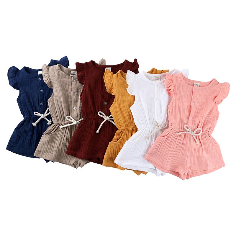 Summer Gauze Cotton Girls' Clothes High Quality Solid Color Rompers Baby Jumpsuit Wholesale Flying Sleeve Children Clothing