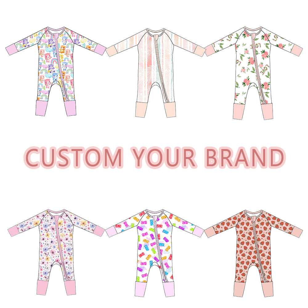 Custom logo DGT Printed Supplier Bamboo zipper Baby sleepsuit pajamas bubble animal Print Zipper Newborn baby Rompers