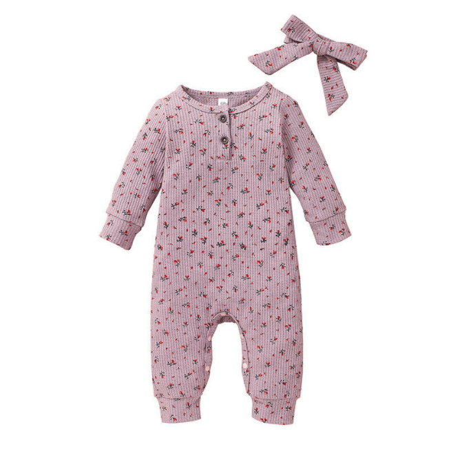 Newborn Infant Clothes Long Sleeve Jumpsuit Autumn Printed Baby Clothes Match Bow Headband For Girls Baby Rompers