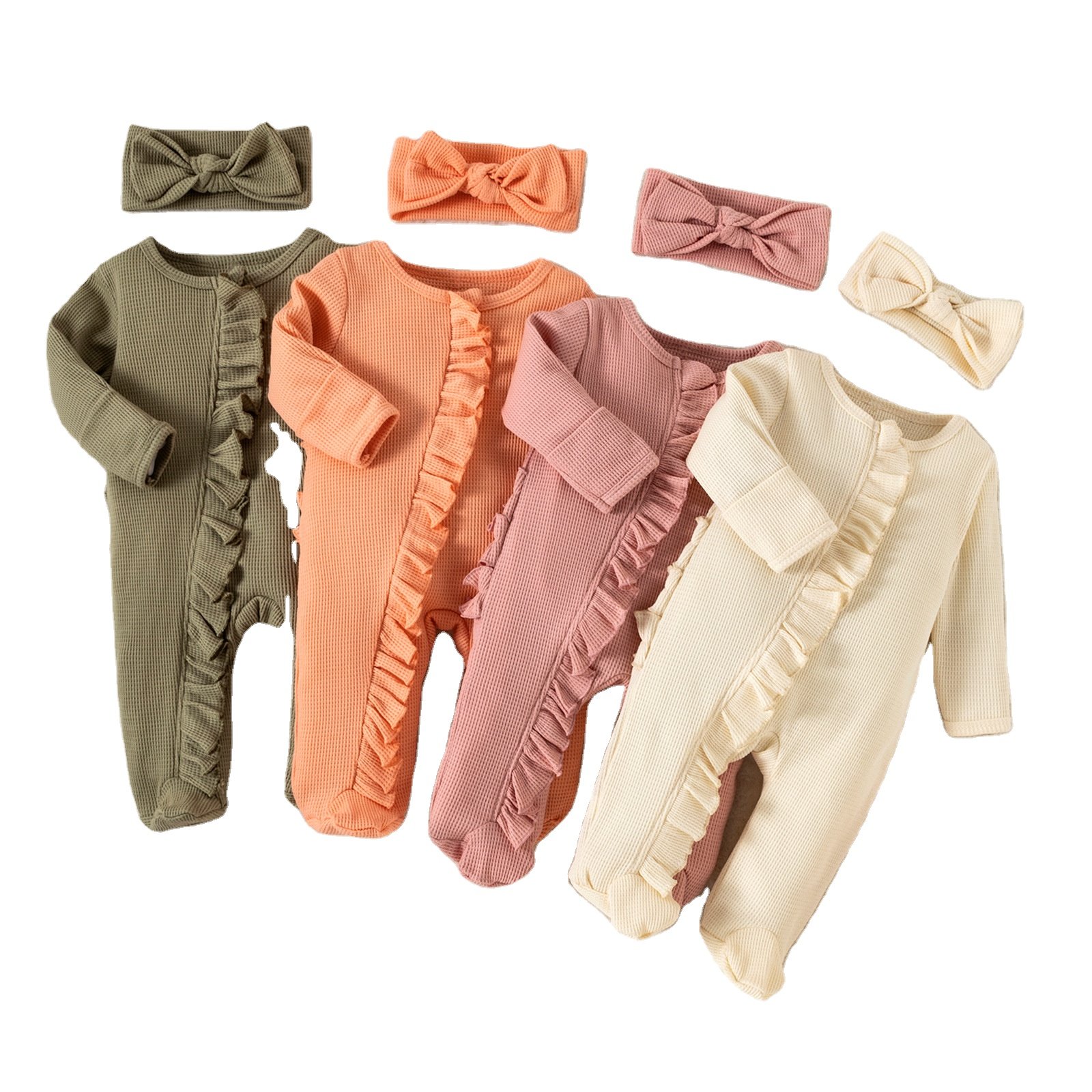Factory Custom OEM ODM Toddler Boys Girls Clothes Waffle Cotton Long Sleeve Ruffle Pajama Sleepwear Footed Baby Romper