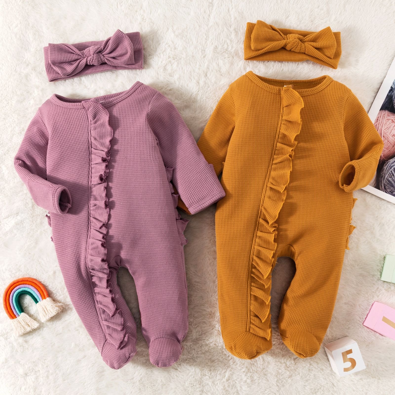 Factory Custom OEM ODM Toddler Boys Girls Clothes Waffle Cotton Long Sleeve Ruffle Pajama Sleepwear Footed Baby Romper