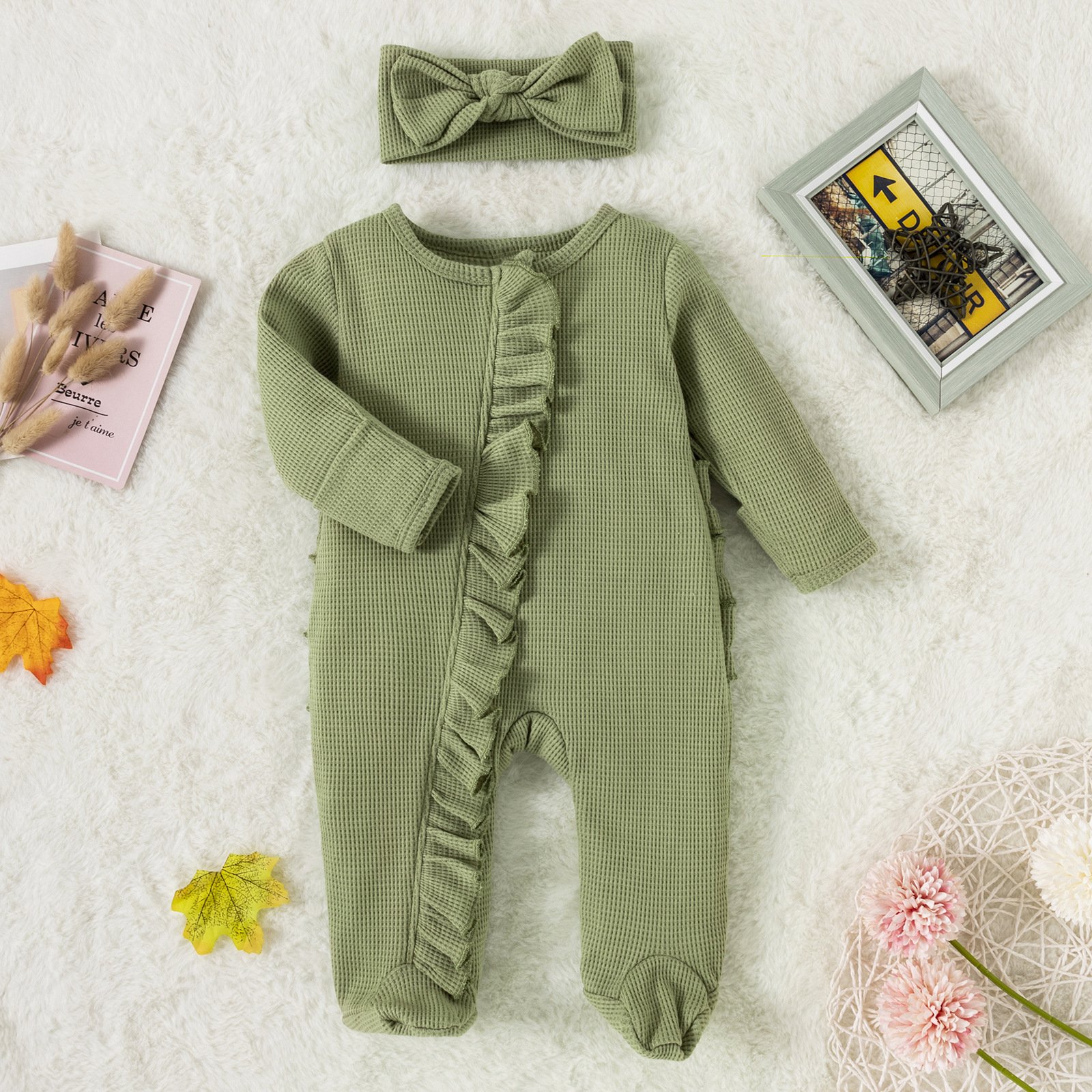 Factory Custom OEM ODM Toddler Boys Girls Clothes Waffle Cotton Long Sleeve Ruffle Pajama Sleepwear Footed Baby Romper