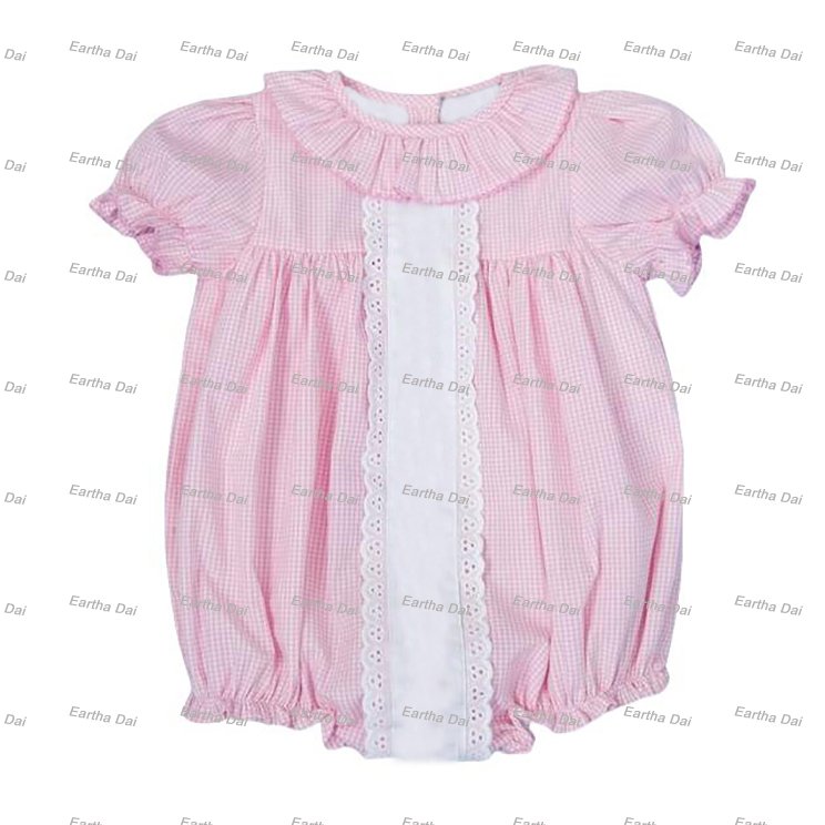 new arrival spring custom baby smocked clothing lace ruffle woven cotton Blue Gingham Bubble romper