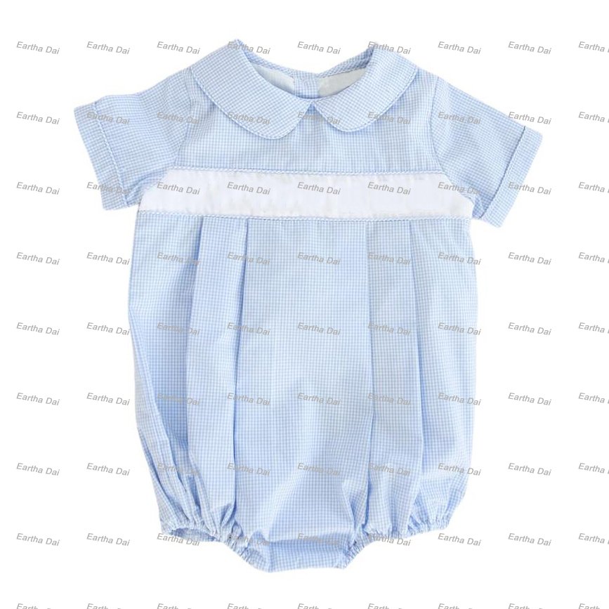 new arrival spring custom baby smocked clothing lace ruffle woven cotton Blue Gingham Bubble romper