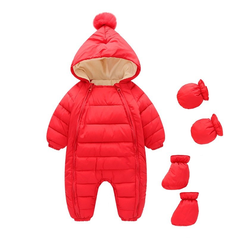 Wholesale Solid Color Polyester Newborn Long Sleeved Hooded Jumpsuit Thick Climbing Suit For Baby Warm Clothes