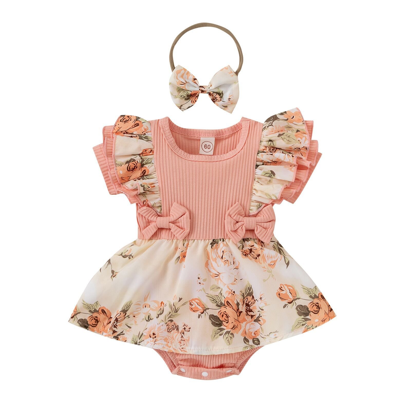 Baby Girls Romper Dress Set Cotton Organic Rompers With Headband Flower Print Baby Girl Short Sleeve Newborn Baby Romper Clothes
