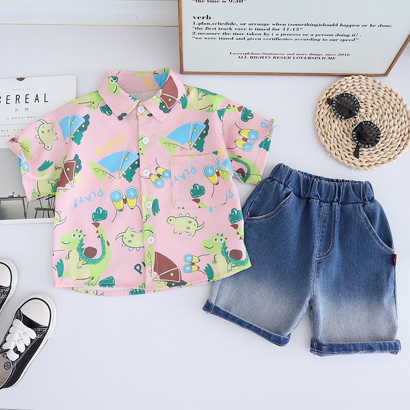 Wholesale Europe America style kids outfit Summer cute Short sleeved shoulder strap pants suit set for kid boys