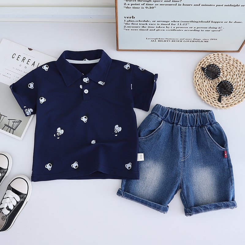 Wholesale Europe America style kids outfit Summer cute Short sleeved shoulder strap pants suit set for kid boys