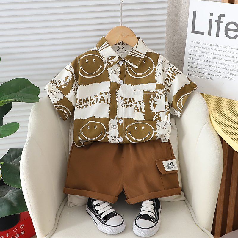 Wholesale Europe America style kids outfit Summer cute Short sleeved shoulder strap pants suit set for kid boys