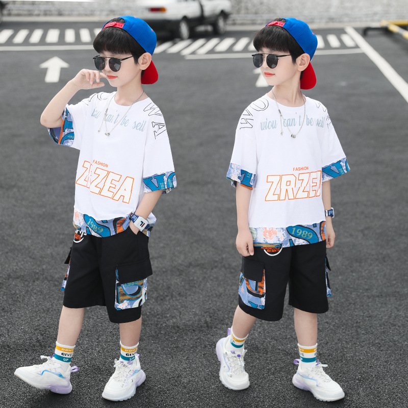 2023 New Summer Children Clothing Sets 10 Years Short Sleeve Letter Patchwork T Shirt Shorts Two Piece Teenager Clothes Boys