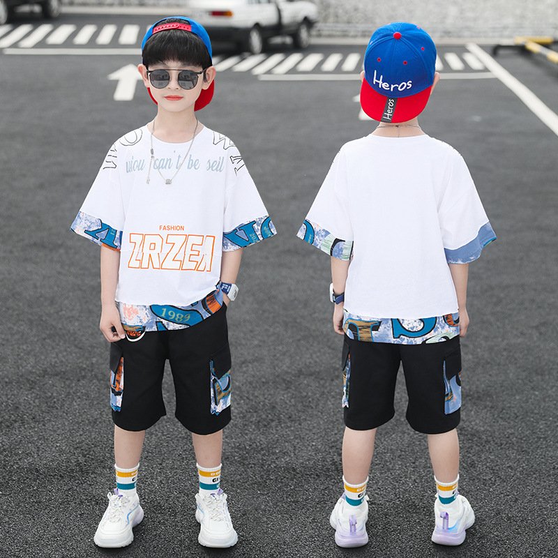 2023 New Summer Children Clothing Sets 10 Years Short Sleeve Letter Patchwork T Shirt Shorts Two Piece Teenager Clothes Boys