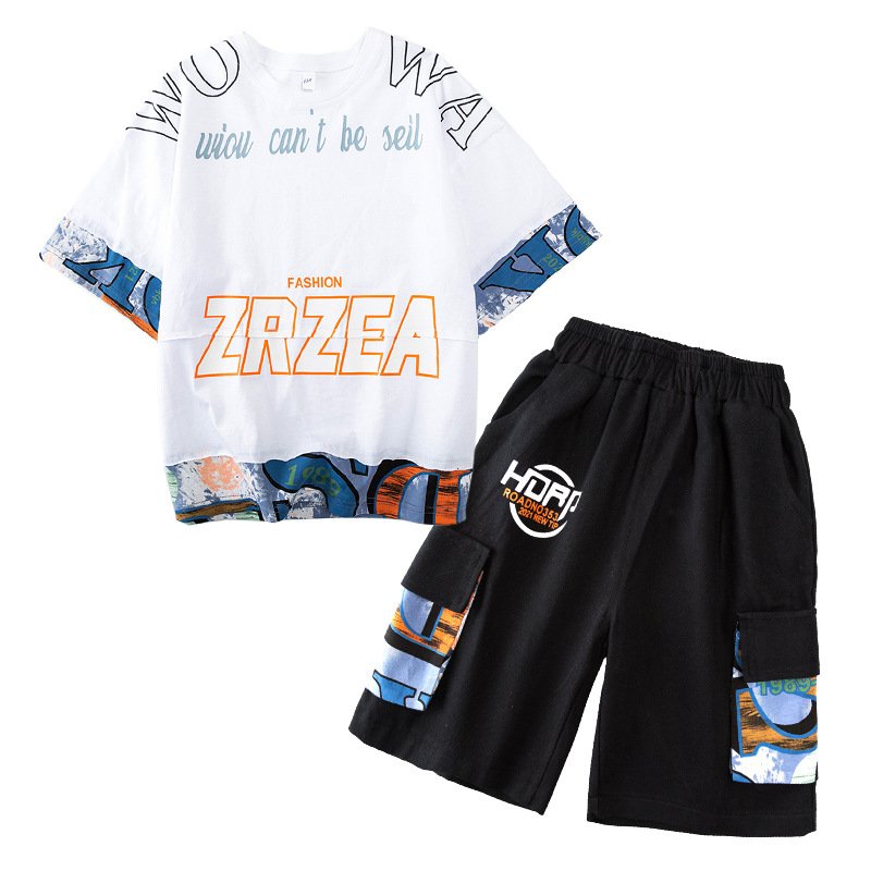 2023 New Summer Children Clothing Sets 10 Years Short Sleeve Letter Patchwork T Shirt Shorts Two Piece Teenager Clothes Boys