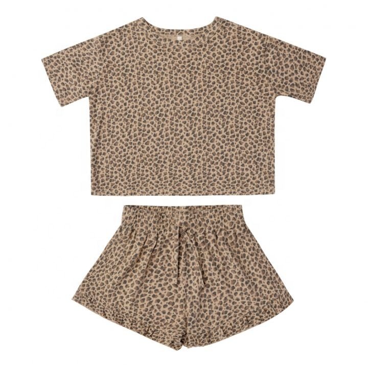 Summer Girls Outfits Buckle Design Multiple Pockets Printing Two Piece Linen Sets Top And Shorts