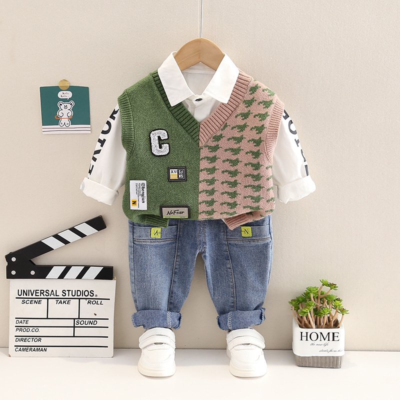 Sunny Baby Boys Clothing Set Autumn Spring Gentleman Long Sleeve Top with Vest+ Plaid Pants Baby Boy 3 Piece Outfit Sets
