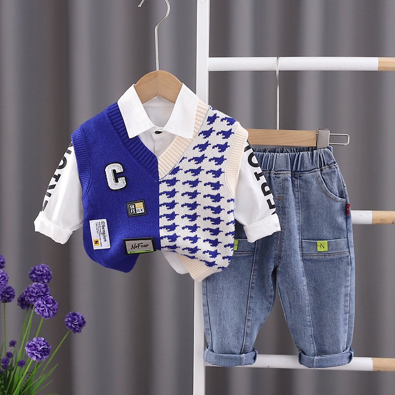 Sunny Baby Boys Clothing Set Autumn Spring Gentleman Long Sleeve Top with Vest+ Plaid Pants Baby Boy 3 Piece Outfit Sets