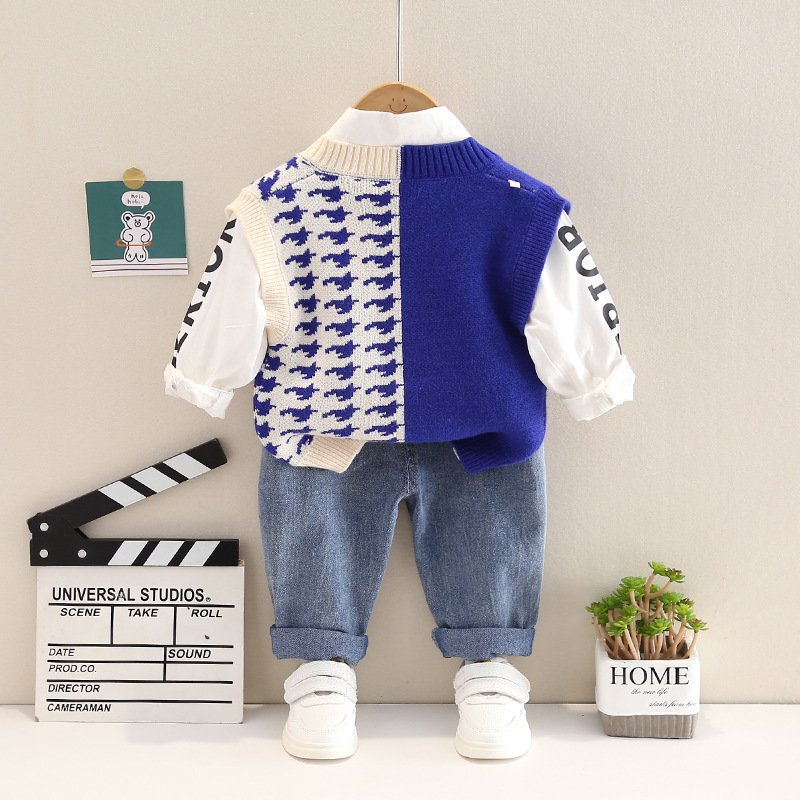 Sunny Baby Boys Clothing Set Autumn Spring Gentleman Long Sleeve Top with Vest+ Plaid Pants Baby Boy 3 Piece Outfit Sets