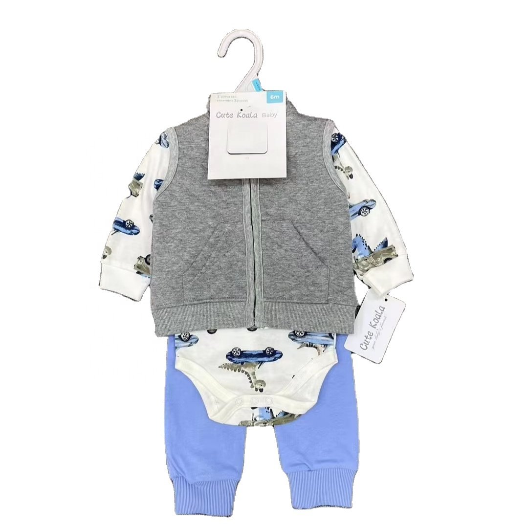 Wholesale Winter 6-24 Months Newborn Infant Boys Clothes Baby Long Romper +outerwear vest +pants 3pcs Sets
