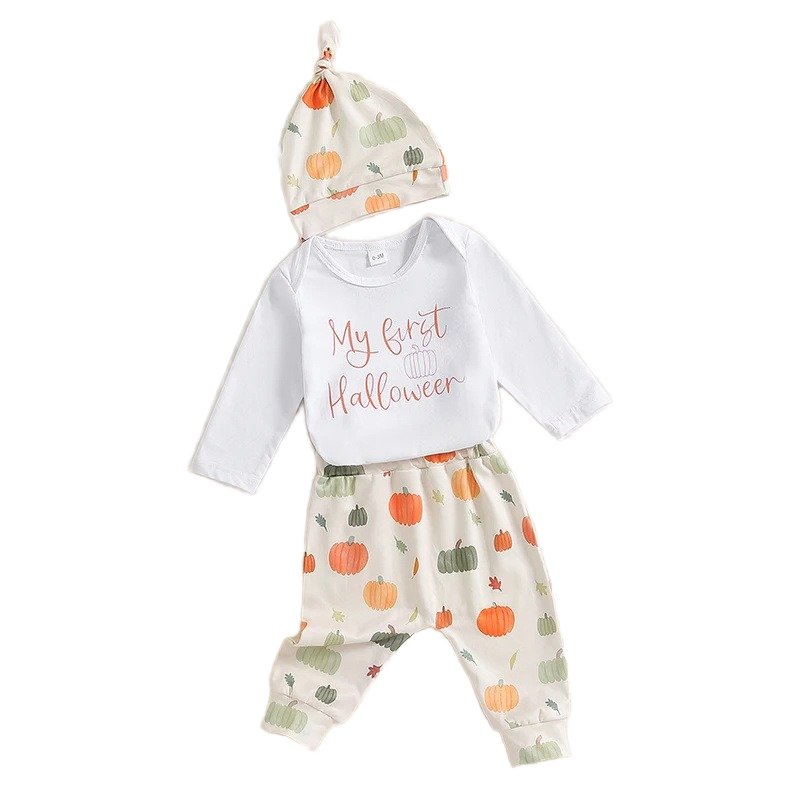 Halloween Pumpkin Print Girl Long-Sleeved Set Cotton children clothing Fabric Round Collar Button Romper Pajamas Sets