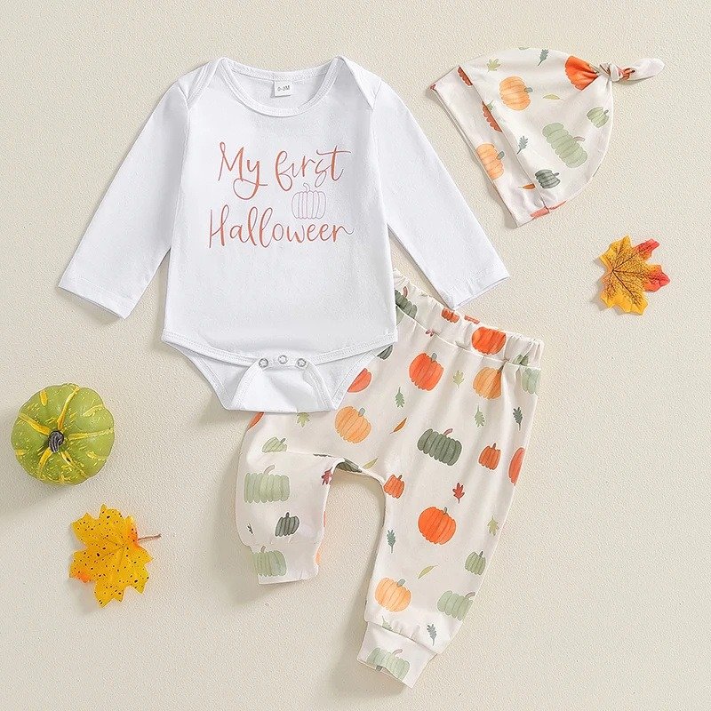 Halloween Pumpkin Print Girl Long-Sleeved Set Cotton children clothing Fabric Round Collar Button Romper Pajamas Sets