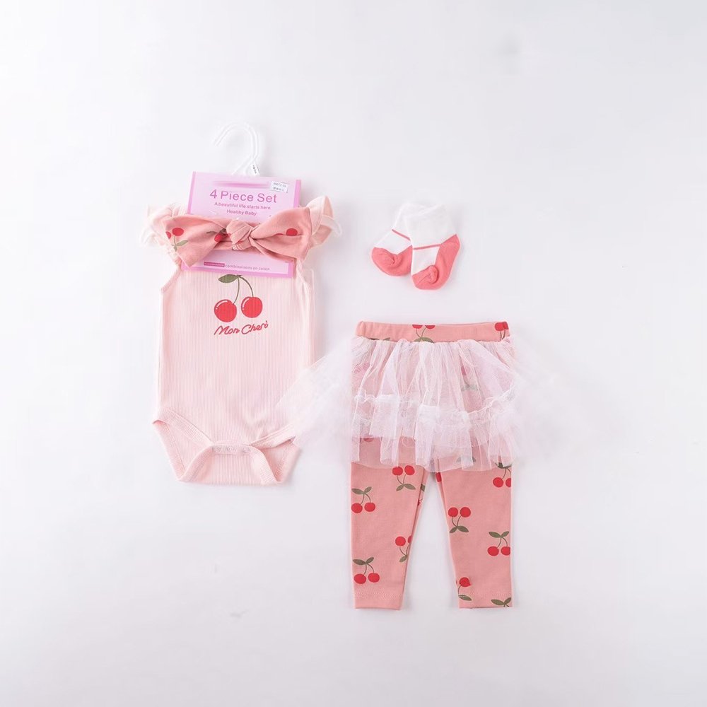 Wholesale Newborn Baby Girl 0-12months 4pcs Set Mesh Trousers Bodysuit With Socks And Hairband Clothes For Girl