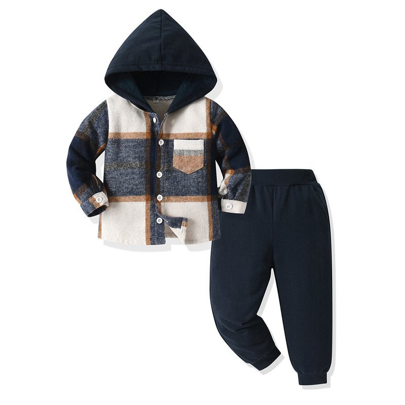 Boys Gentleman clothing set wholesale boy hooded sweatshirt pants 3pcs outfit autumn children plaid clothes set